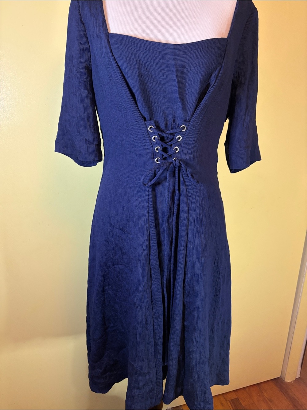 Maeve Navy Lace-Up Square Neck Midi Dress
